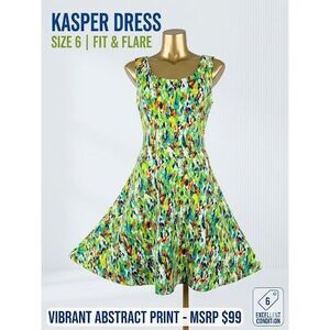 Kasper Vibrant Fit & Flare Dress Lime Green Orange Abstract Splatter Print 6